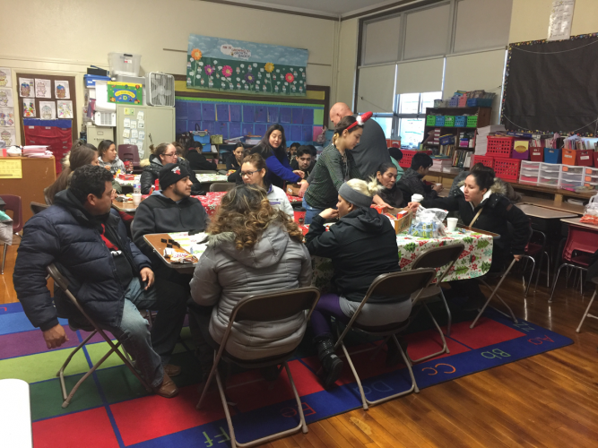 Parents wait in warming room before they go shopping. 