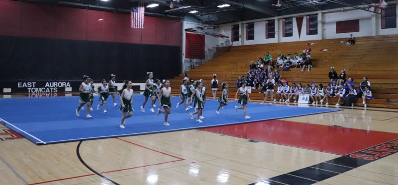 Bardwell's cheerleaders leave the mat. 