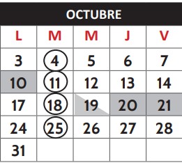 Calendario para Octubre 2022