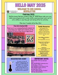 May 2025 Bardwell Elementary School newsletter. Field Day is May 21, 2025, with a rain date of May 23. Students should bring water, sunscreen, towel, and extra clothes. Thanks to Bardwell students for participating in the Fine Arts Festival at East Aurora High School. Registration for 2025–2026 is open; goal is 100% by May 30. Family resource contacts are listed, including Kane County 2-1-1, Marie Wilkinson Food Pantry, DuPage Legal Services, and Family Focus. Important dates include early dismissals, Memorial Day, and the last day of school.