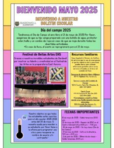 Boletín de mayo de 2025 de la Escuela Primaria Bardwell. El Día de Campo es el 21 de mayo de 2025, con fecha de lluvia el 23 de mayo. Los estudiantes deben traer agua, protector solar, toalla y ropa extra. Gracias a los estudiantes de Bardwell por participar en el Festival de Artes en la Preparatoria East Aurora. El registro para 2025–2026 está abierto; la meta es el 100% para el 30 de mayo. Se enumeran contactos de recursos familiares, incluyendo el 2-1-1 del Condado de Kane, la despensa de alimentos Marie Wilkinson, Servicios Legales del Condado de DuPage y Family Focus. Fechas importantes incluyen salidas tempranas, el Día de los Caídos y el último día de clases.